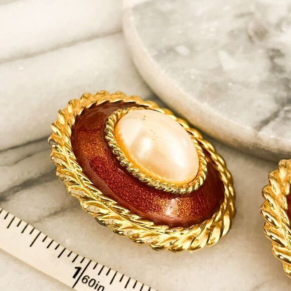 Vintage Large Faux Pearl Earrings-Clip On, Oval Cabochon, Rust Red Gold Toned - Picture 7 of 7